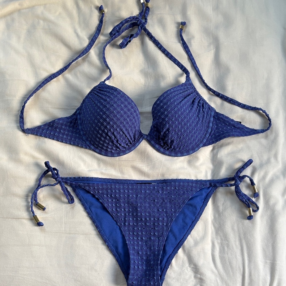 Blue Textured String Bikini Set